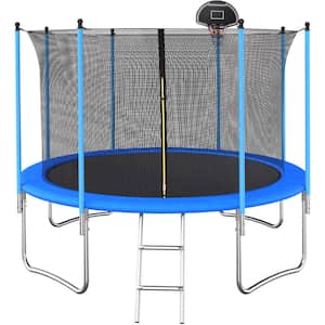 12 ft. Blue Round Outdoor Trampoline with Safety Enclosure and Basketball Hoop