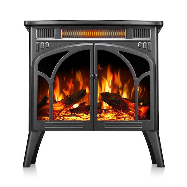 24. 25in Freestanding Electric Fireplace Heater in Grey with Remote Control, Overheating Safe Design