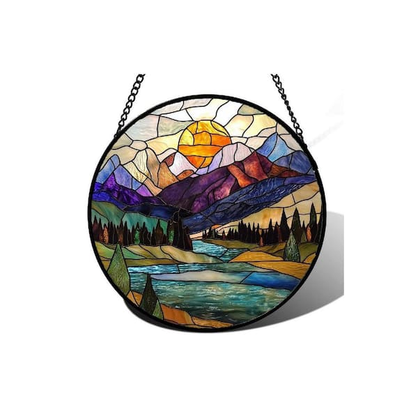 Blue Lake Golden Sun Abstract Mountains Landscape Stained Glass