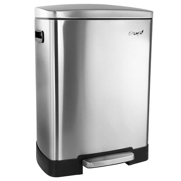Elama 2 Compartment Large 10.6 Gal. Split Stainless Steel Step Trash Bin with Slow Close Mechanism