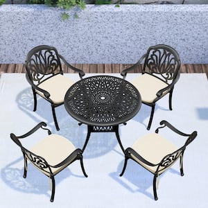 Black 5-Piece Cast Aluminum Round Table 28.35 in. Outdoor Dining Set with Seat Cushions in Random Colors