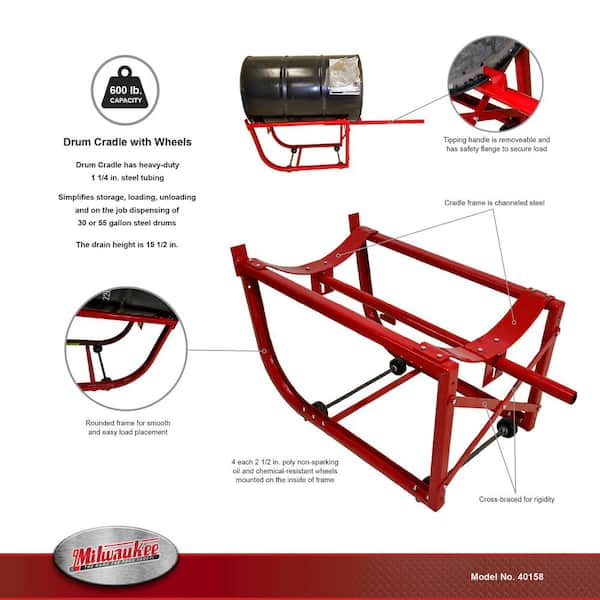 Milwaukee Trommelhalterung mit einer Tragkraft von 600 lb.Milwaukee Trommelhalterung mit einer Tragkraft von 600 lb.  