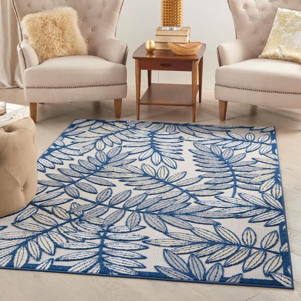Aloha Ivory/Navy 4 ft. x 6 ft. Floral Modern Indoor/Outdoor Patio Area Rug