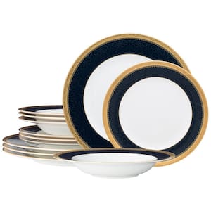 Odessa Cobalt Gold White Bone China 12-Piece Dinnerware Set, Service For 4