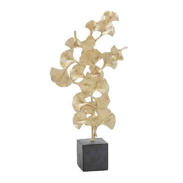 Litton Lane Gold Polystone Handmade Floral Sculpture with Black Block Base