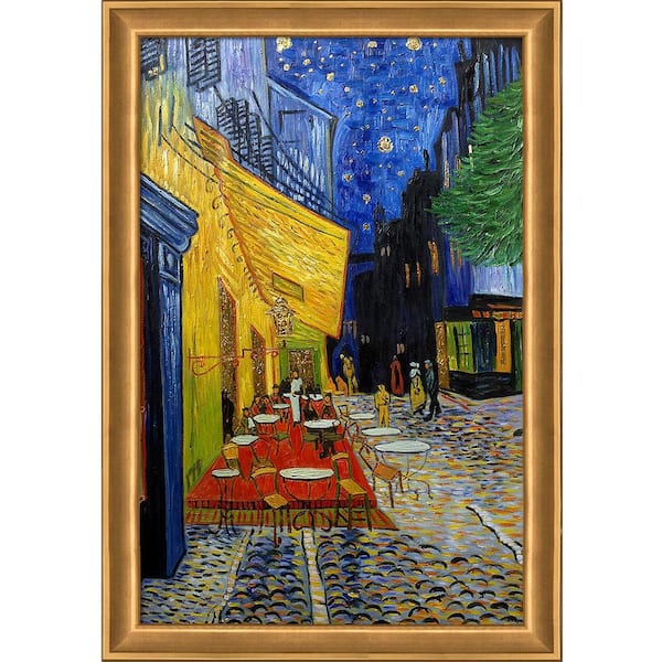 LA PASTICHE Cafe Terrace at Night by Vincent Van Gogh Muted Gold Glow Framed Architecture Oil Painting Art Print 28 in. x 40 in.