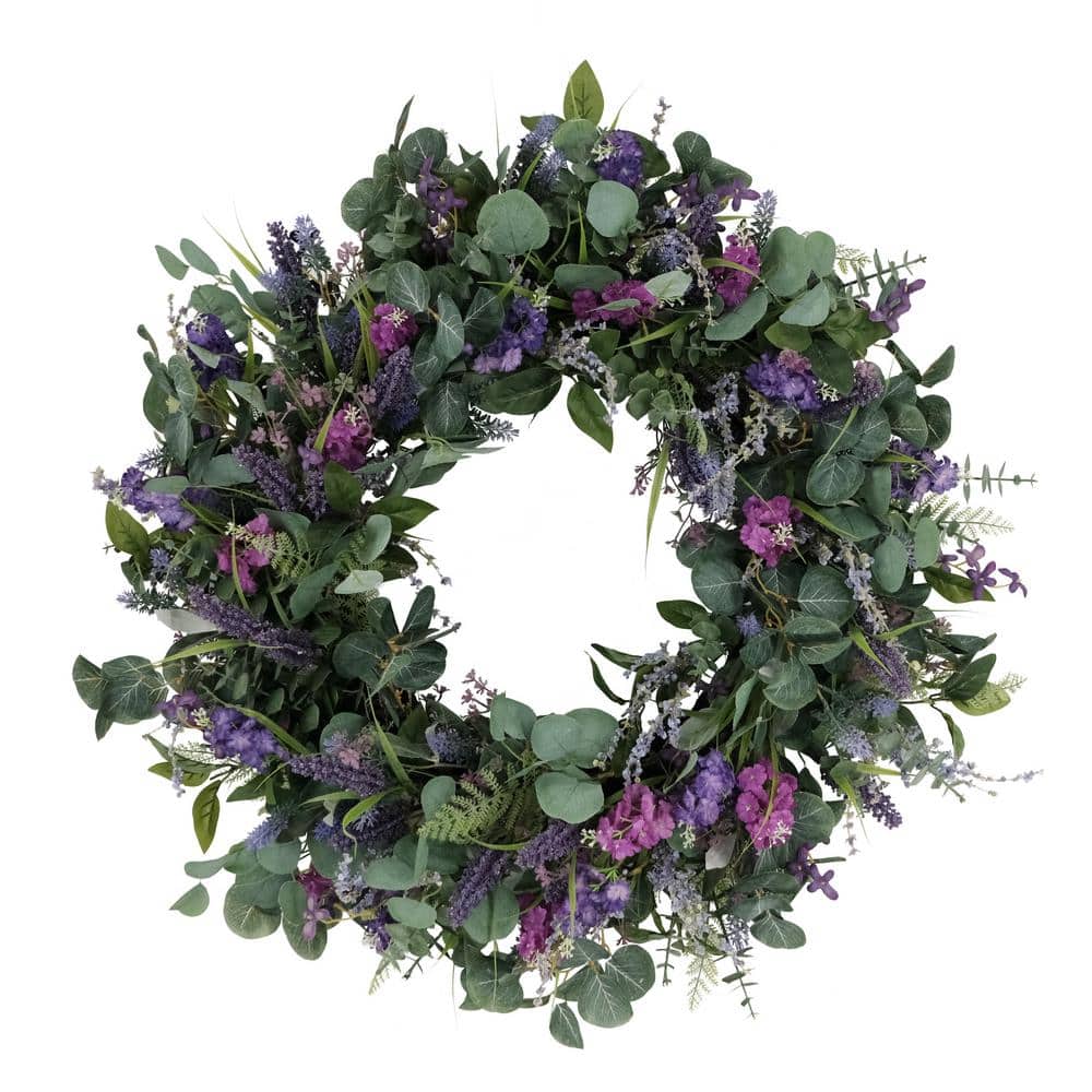 Lavender Wreath with White Carnations and a Mesh Blue and Purple