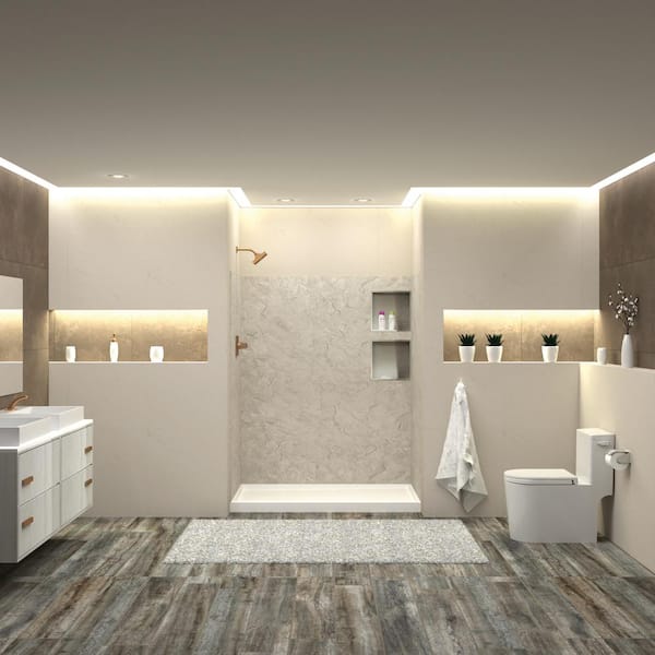 Transolid Expressions 32 in. x 60 in. x 72 in. 3-Piece Easy Up Adhesive Alcove Shower Wall Surround in Sea Fog