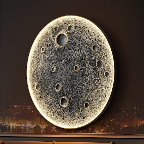 GOGEXX 32 in. x 32 in. Gray Realistic Resin Moon Dimmable LED Wall