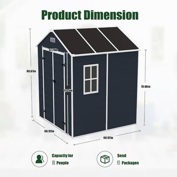 6 ft. W x 6 ft. D Resin Shed with 12mm Thick PP Board and HD Window Lighting, PP Material in Dark Gray (34 sq. ft. )