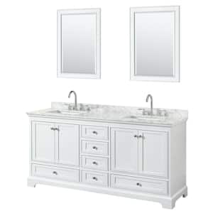 72 in. W x 22 in. D Vanity in White with Marble Vanity Top in Carrara White with White Basins and 24 in. Mirrors