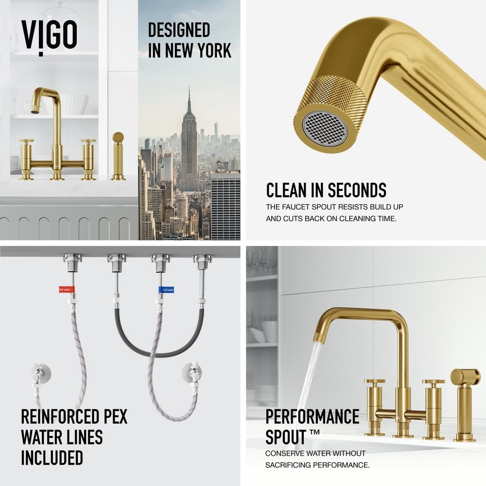 Matte Brushed Gold 12" Bridge Kitchen Faucet with Pull-Out Sprayer