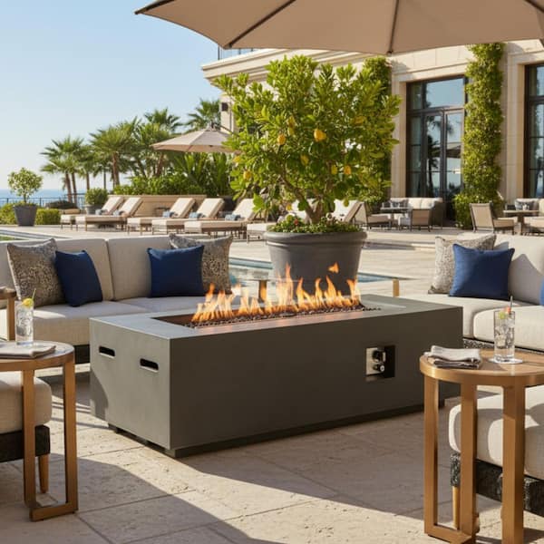 Durwin 59.8 in. 60,000 BTU Magnesium Oxide Gas Outdoor Rectangle Fire Pit Table with Free Lava Rocks, Grey