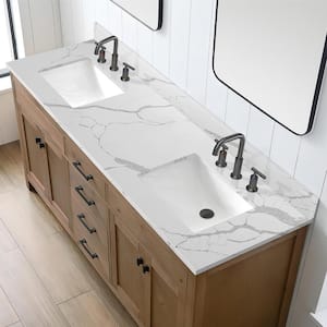 Olive 72 in. W x 22 in. D Qt. Vanity Top White Rectangular Double Sink Bathroom Vanity Top in Calacatta White