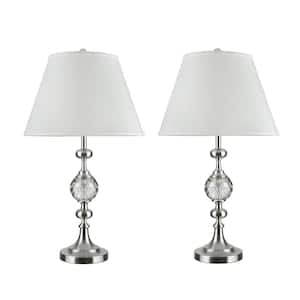 28-1/2 in. Satin Nickel Metal and Crystal Table Lamp with Hardback Empire Shaped Lamp Shade in White (2-Pack)
