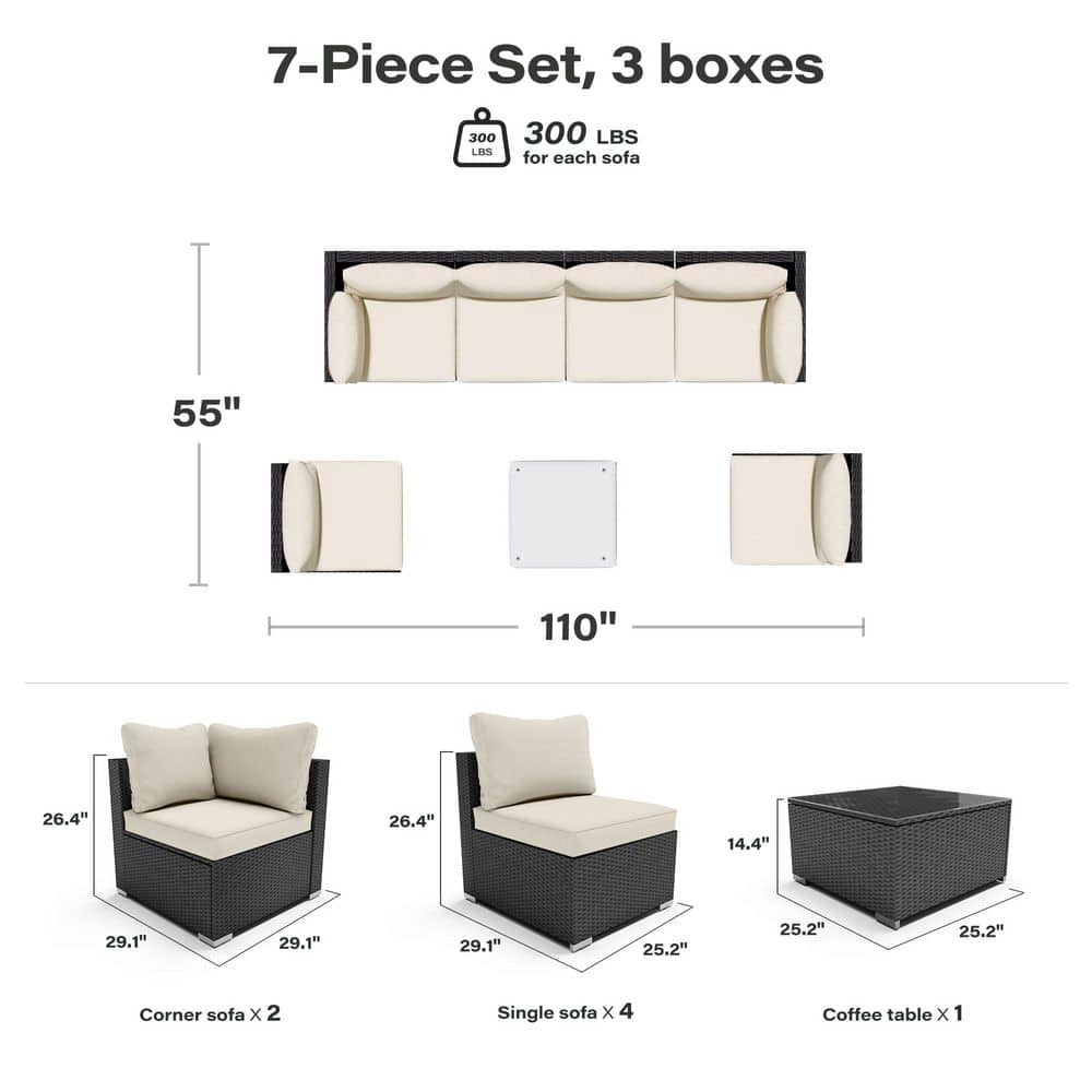 7-Piece Black Steel Outdoor Sectional Set with Blue Cushions