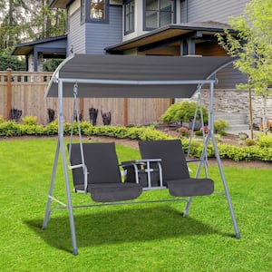 2-Person Metal Patio Swing with Gray Cushions and Cup Holders