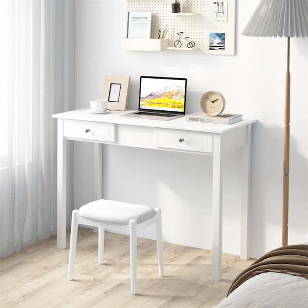 Costway White Makeup Vanity Table with Flip-Top Mirror 2 Drawers 9-Slot Storage Compartment