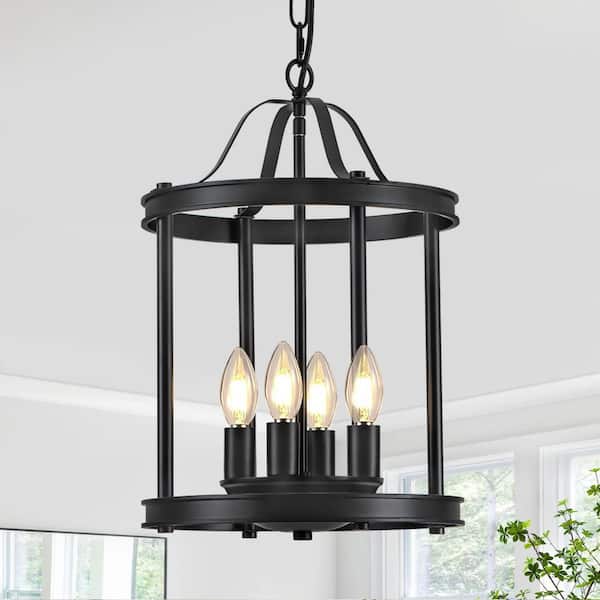 4-light Modern Black Drum Chandelier with Adjustable Height