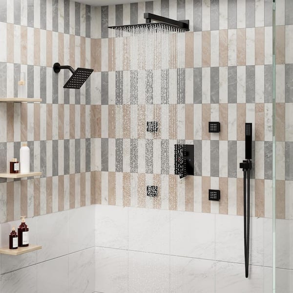 4 Spray Settings 12 in. with Side Jets Wall Mounted Fixed and Handheld Shower Head 1.8 GPM in Matte Black