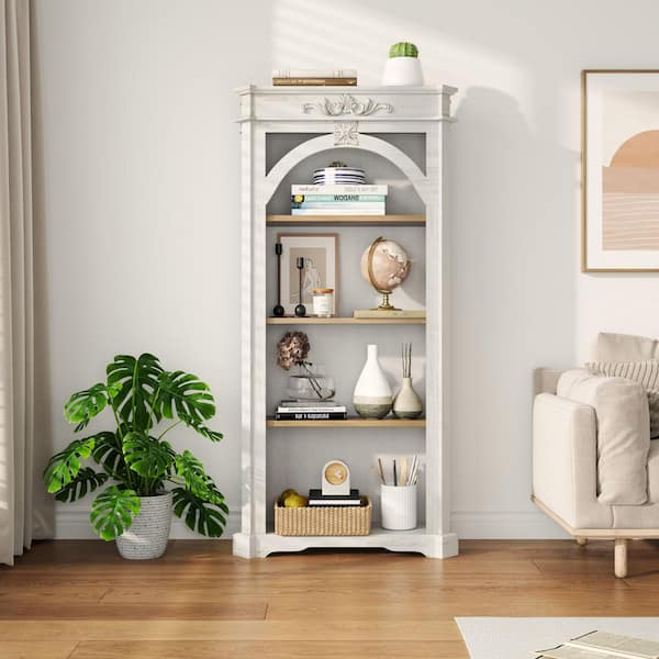 Vintage 65 in. Tall White Wood 3-Shelf Accent Bookcase with Storage