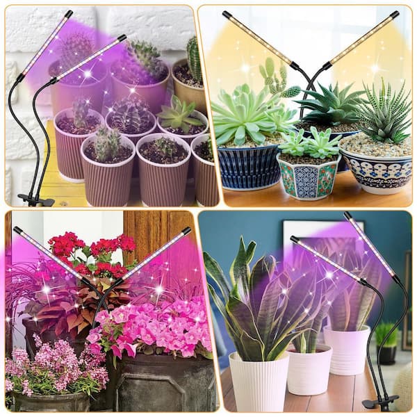 LED Grow Lights 2-Pack, 2-Head Full Spectrum Red Blue White with Clamp, 10-Level Dimmable, Timer for Indoor Plants