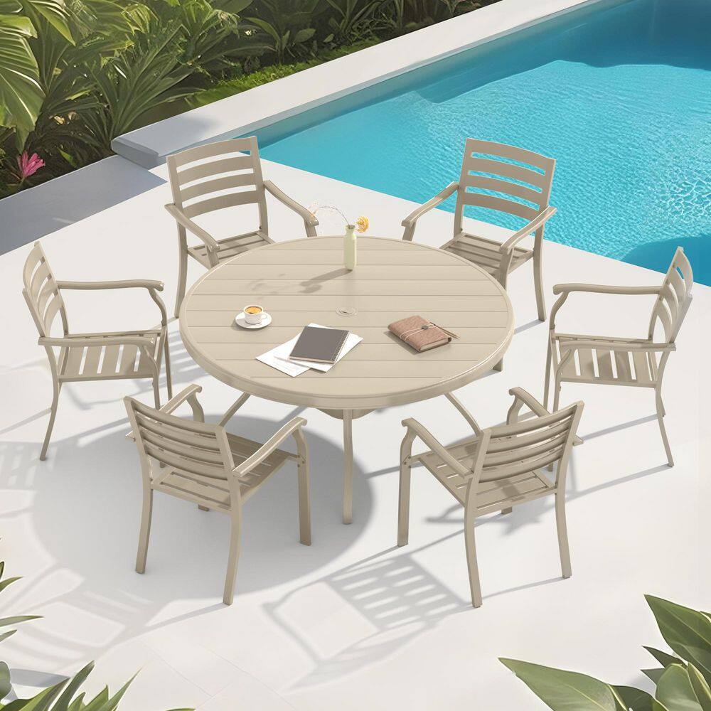 "7-Piece Sandstone White Metal Outdoor Dining Set with 52.95"" Round Table" price history on PriceWatchPro