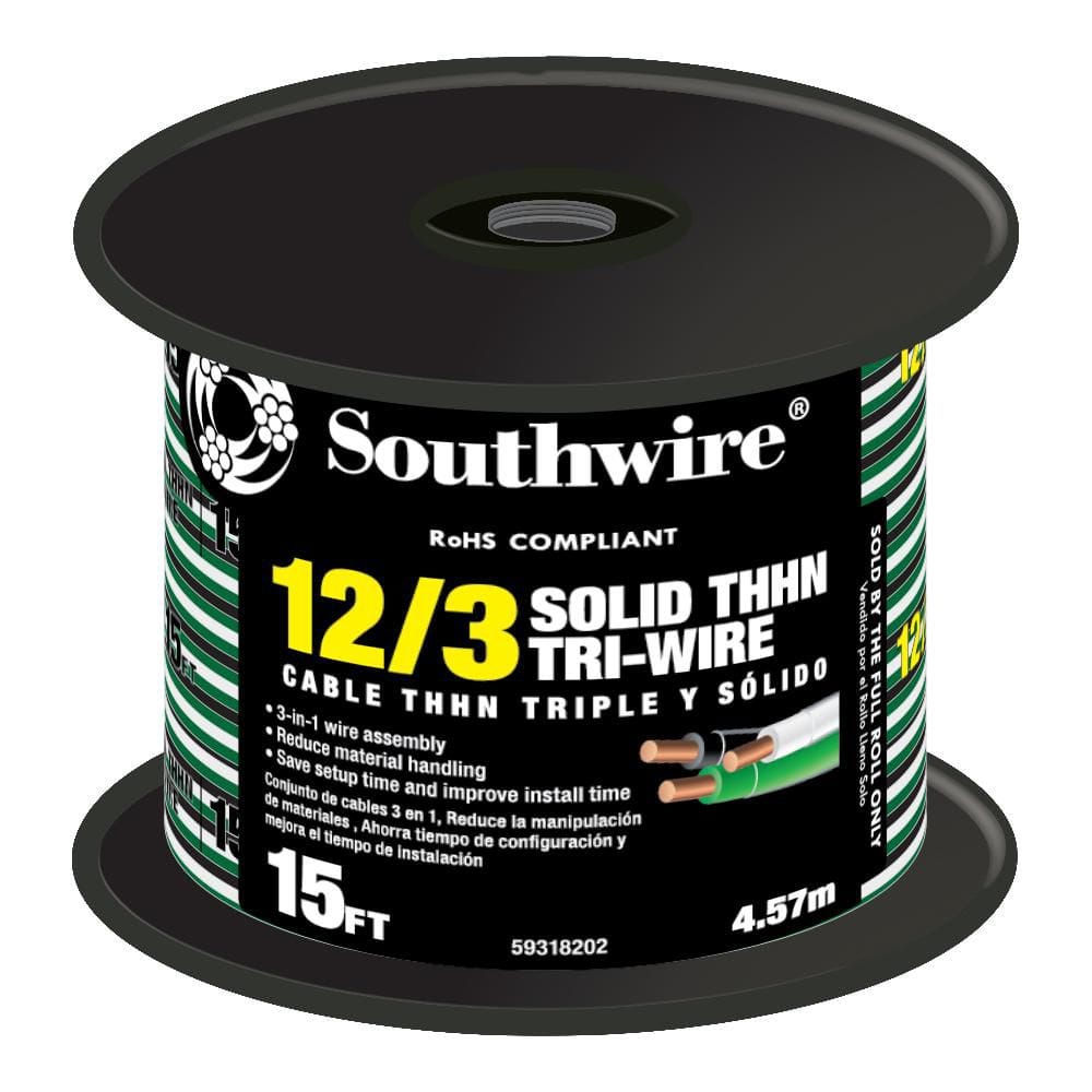 Southwire - 15 ft. 12/3 Black/White/Green Solid CU THHN Tri-Wire