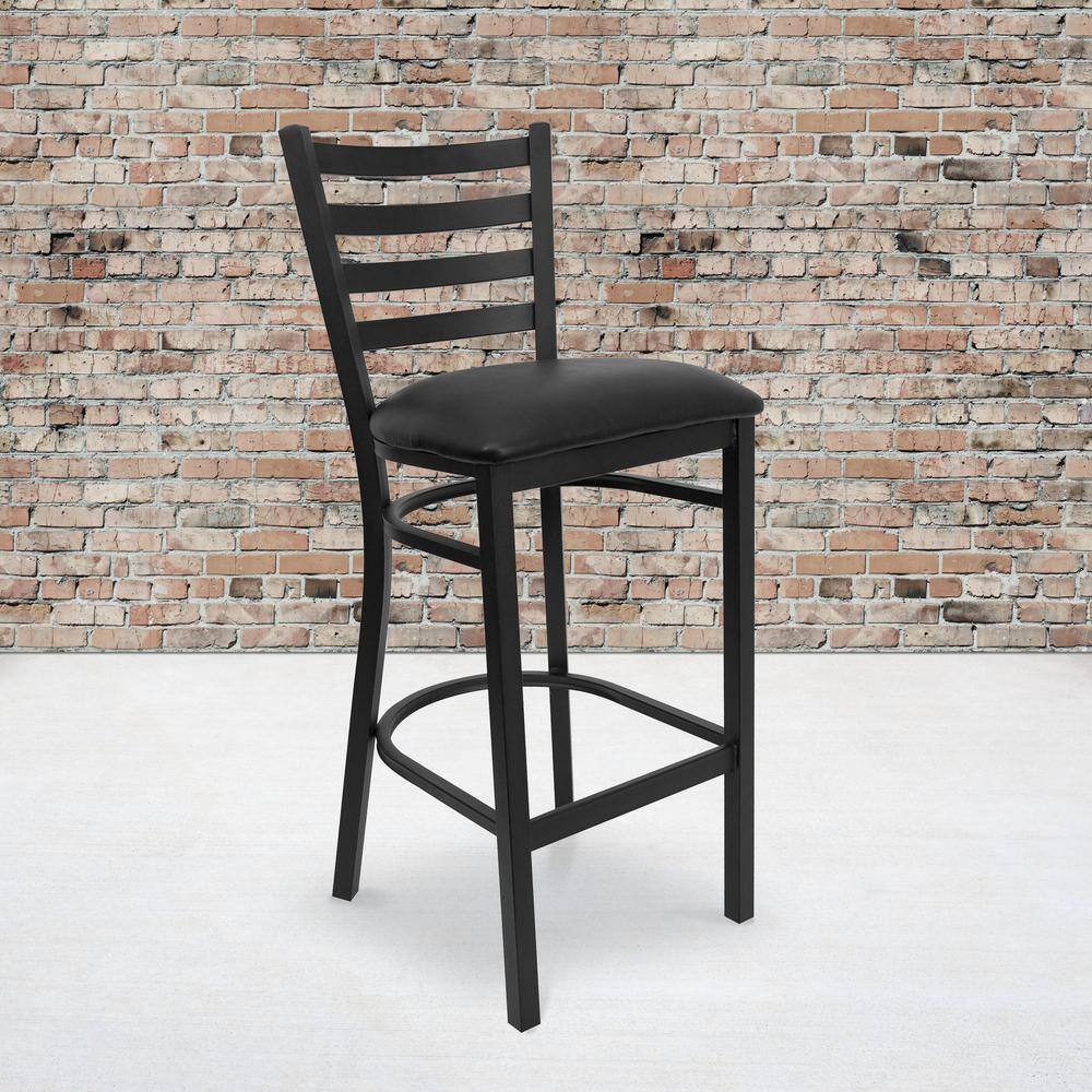 Elegant Black Metal Ladder Back Barstool with Vinyl Seat