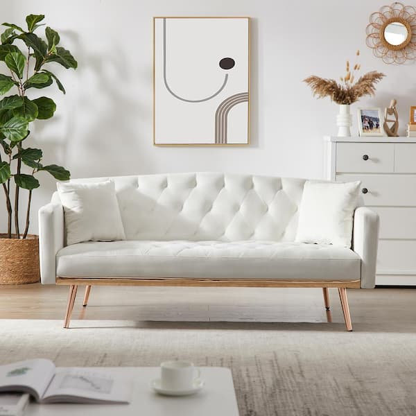 Urtr 64 9 In White Velvet Sofa Bed Living Room On Tufted Couch Convertible Twin Sleeper Size With Metal Legs Hy01973y The