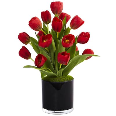 Indoor Tulips Silk Arrangement in Black Glossy Cylinder Vase