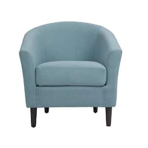 Blue Comfy Linen Upholstered Barrel Arm Chair With Wood Leg(Set of 1)