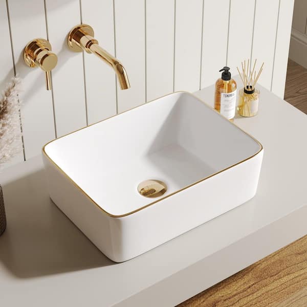 16 in. L x 12 in. W Rectangular Bathroom Ceramic Vessel Sink with Gold Trim in White Faucet not Included
