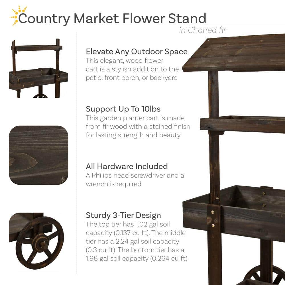 Charred Fir Wood 3-Tier Wheeled Flower Cart Display Stand