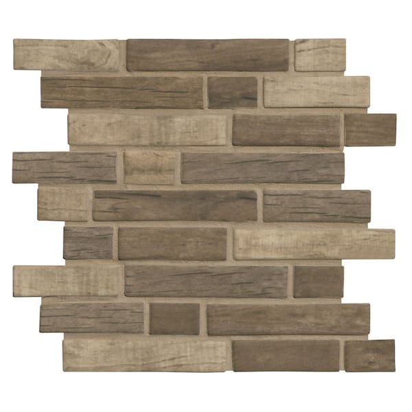 Driftwood Interlocking 12x12 in. Matte Glass Wood Look Mosaic Wall Tile with Warm Natural Tones (14.55 sq. ft./Case)