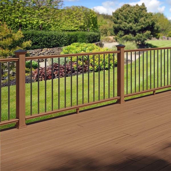 6 ft. Walnut-Tone Southern Yellow Pine Moulded Rail Kit with Aluminum Round Balusters