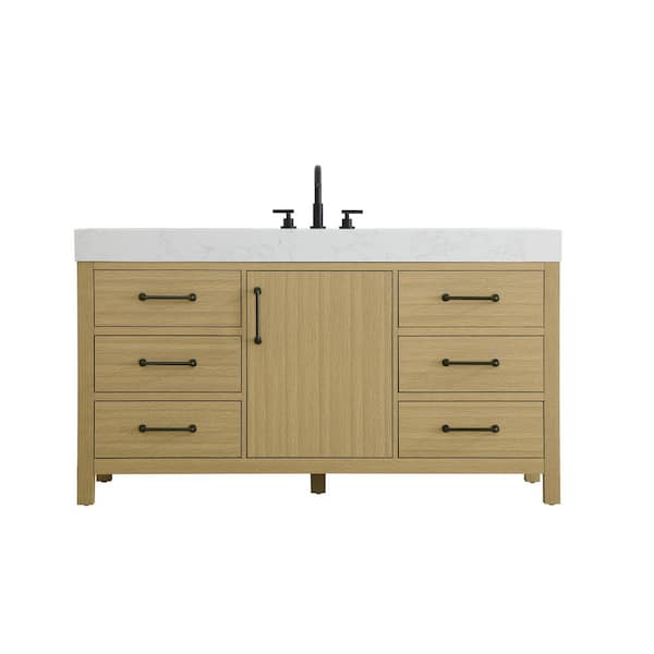 60 in. Single Sink Honey Brown Bath Vanity with White Engineered Marble Top