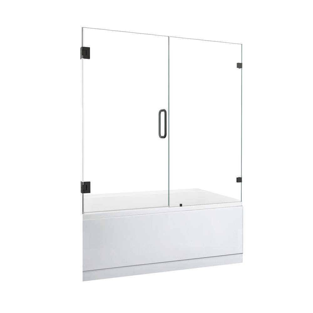 60" Matte Black Frameless Hinged Tub Door with Clear Glass