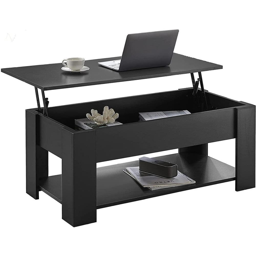 Trimied Modern Coffee Table with Storage in Black Center Table with  Stainless Steel Base