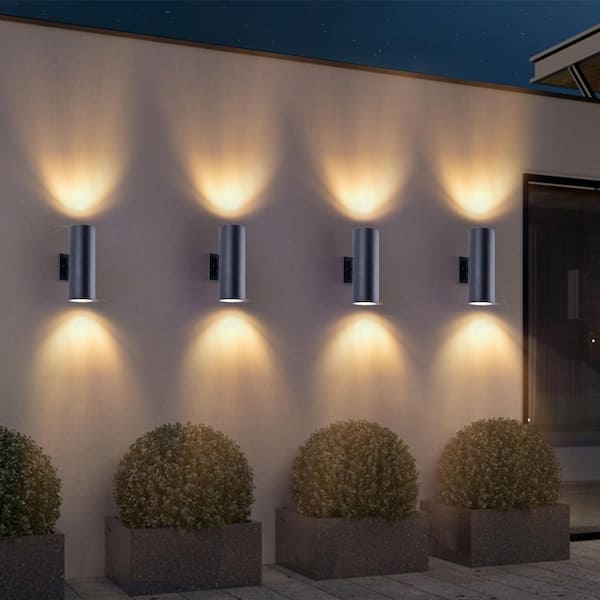 12 in. H 8-Light Black Aluminum Cylinder Outdoor Wall Sconces for Patios, Porches (4-Pack)