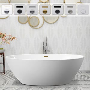 Amiens 69 in. x 40 in. Acrylic Flatbottom Freestanding Soaking Bathtub with Center Drain in White/Titanium Gold