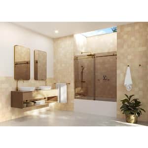 Equinox 56 in. - 60 in. W x 78 in. H Frameless Sliding Bathtub Door in Satin Brass with Tinted Glass