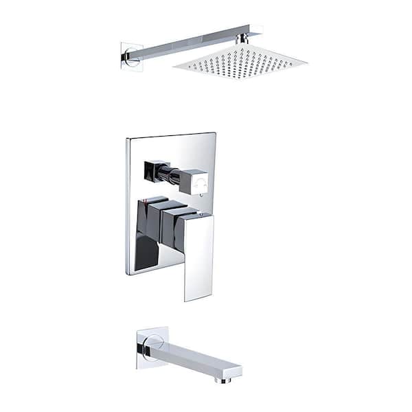 HOMLUX 2-Handle 1-Spray Square Tub and Shower Faucet with 8 in. Wall Mounted Shower Head in Chrome (Valve Included)