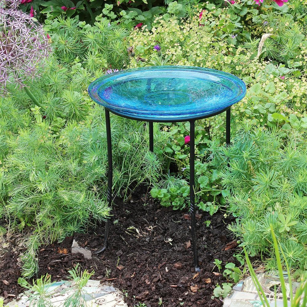 Teal Crackle Glass Hanging Birdbath Bowl, 14-Inch