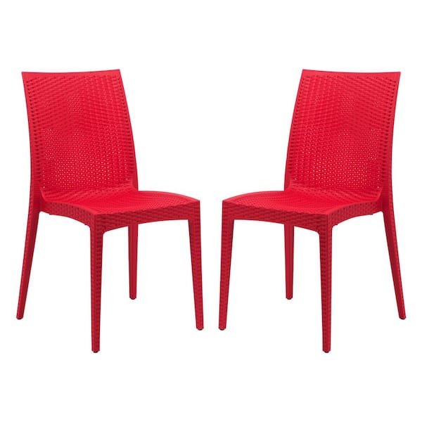 Leisuremod Red Mace Modern Stackable Plastic Weave Design Indoor Outdoor Dining Chair (Set of 2)