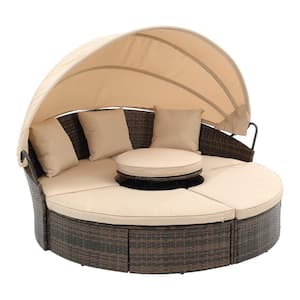 4-Piece Wicker Round Outdoor Day Bed with Retractable Canopy, Lift Coffee Table and Beige Cushions