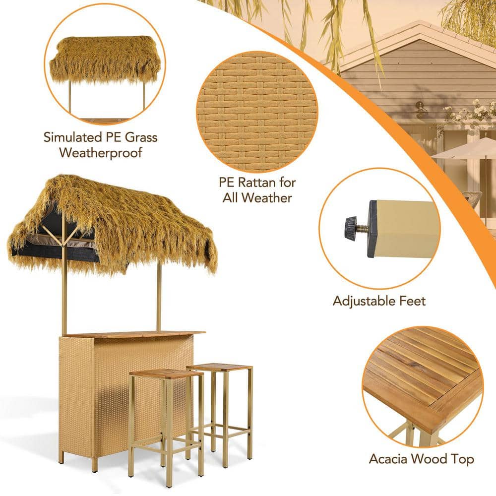 Hawaiian Style Brown Iron and Wood 3-Piece Outdoor Bar Set