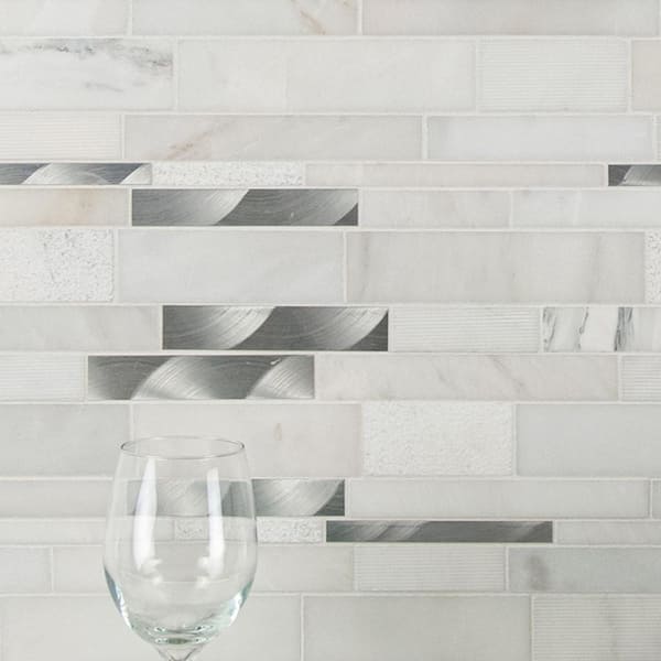 Modern Blanco Interlocking 12 in. x 18 in. Stone/Glass/Metal Mesh-Mounted Mosaic Wall Tile (15 sq. ft./Case)