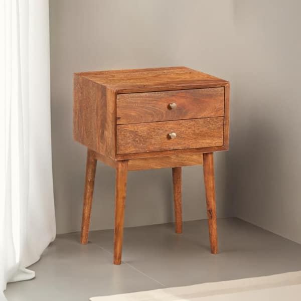 THE URBAN PORT Nali Natural Brown 2 Drawer 17.8 in. W Bedside Nightstand Table with Brass Knobs