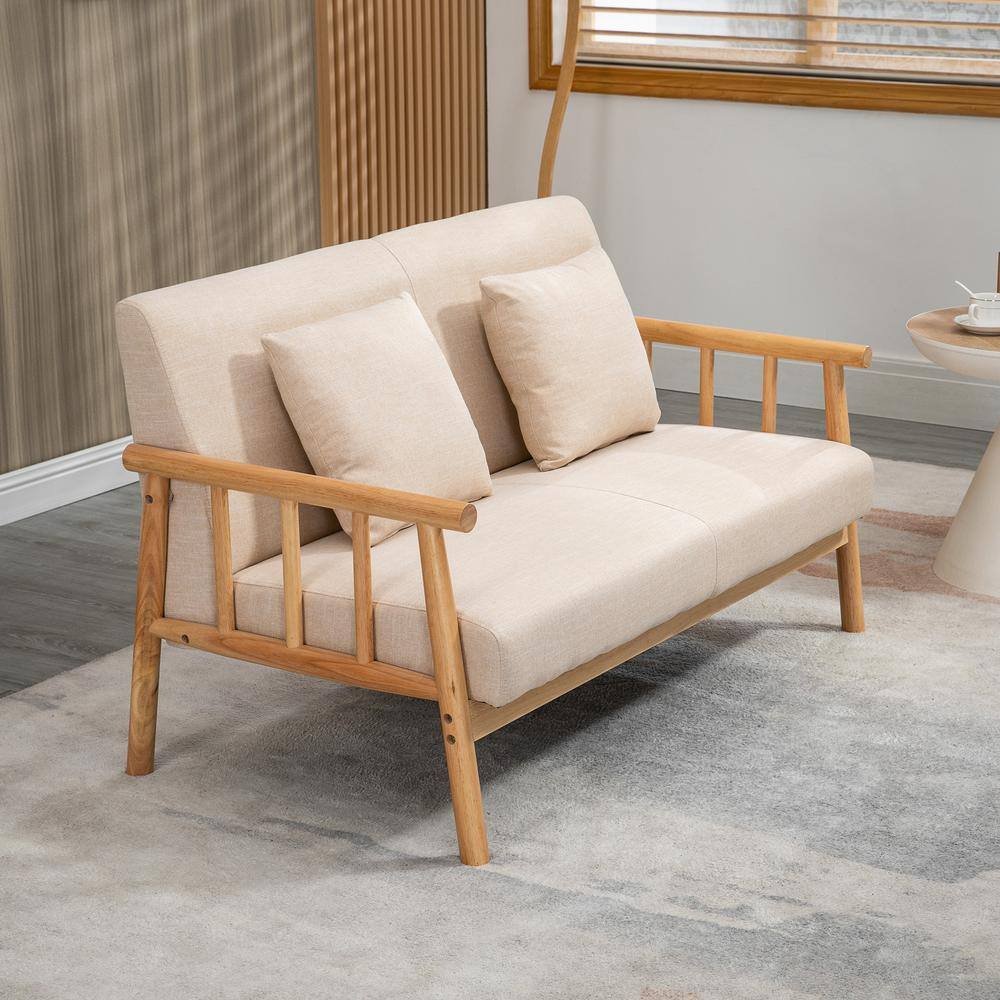 Beige Linen Upholstered Lawson Loveseat with Medium Wood Frame